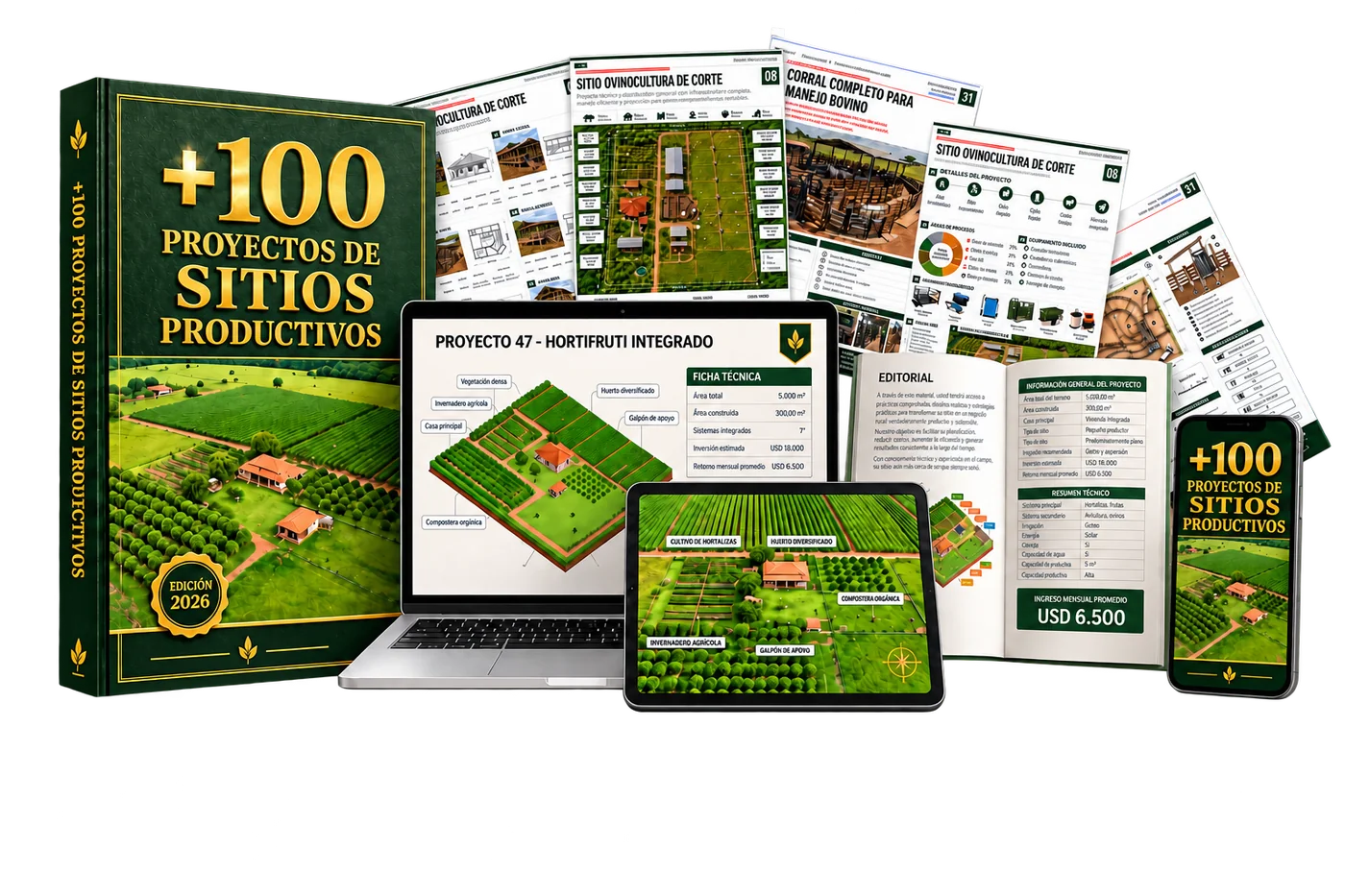 Mockup del kit +100 Proyectos de Fincas y Chacras Productivas
